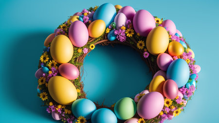 A Gorgeous Wreath Of Colorful Eggs And Flowers On A Blue Background AI Generativeの素材
