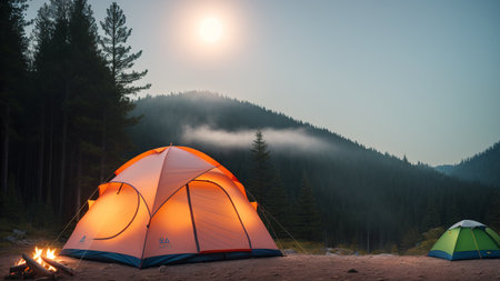 A Unique View Of A Tent With A Campfire In The Foreground AI Generativeの素材