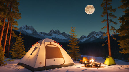 A Gorgeous View Of A Tent And A Campfire In The Snow AI Generativeの素材