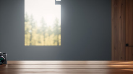 A Breathtaking View Of A Camera Sitting On A Wooden Table AI Generativeの素材