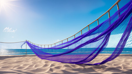 A Beautiful View Of A Beach With A Net And A Fence AI Generativeの素材