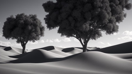 An Abstract Black And White Photo Of Three Trees In A Desert AI Generativeの素材