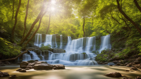 A Gorgeous Waterfall In The Middle Of A Forest With Rocks And Trees AI Generativeの素材