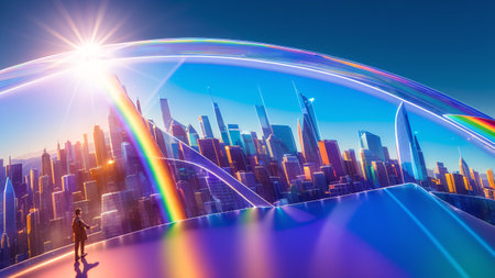 A Colorful Image Of A Man Standing On A Platform In Front Of A City AI Generativeの素材