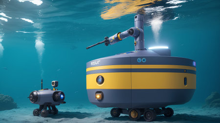 An Intriguing Underwater Scene Of A Submarine And A Robot AI Generativeの素材