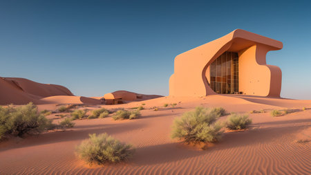 A Dreamy Desert Scene With A Building In The Middle Of The Desert AI Generativeの素材