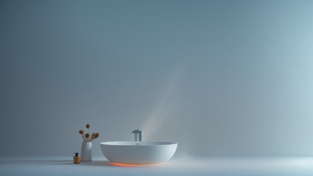 An Inspiring Image Of A Bathroom With A White Sink And A Wooden Toothbrush Holder AI Generativeの素材