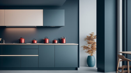 An Enchanting Of A Kitchen With A Blue Wall And A Wooden Table AI Generativeの素材