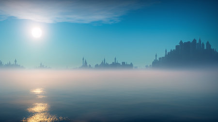 A Gorgeous View Of A City Skyline With A Bright Sun In The Sky AI Generativeの素材