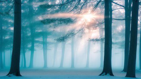 An Abstract Photograph Of A Forest With A Bench In The Snow AI Generativeの素材