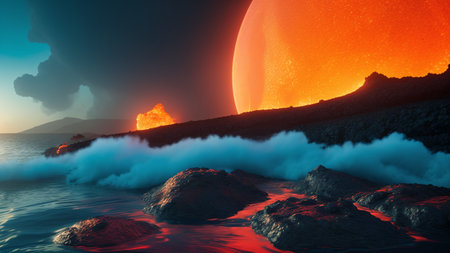 A Dreamy Scene Of A Red Planet With A Huge Orange Sun AI Generativeの素材