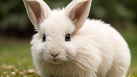 A Striking White Rabbit With Blue Eyes Sitting In The Grass AI Generativeの素材