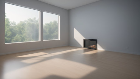 A Daring View Of A Fireplace In A Empty Room With A Window AI Generativeの素材