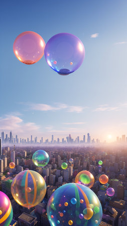 A Remarkable View Of A City With A Lot Of Balloons Flying In The Air AI Generativeの素材