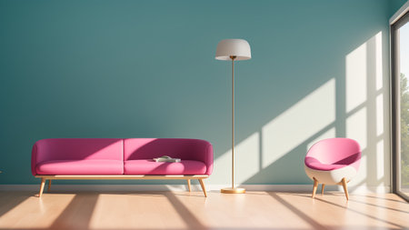 An Elegant Living Room With A Pink Couch And A White Lamp AI Generativeの素材
