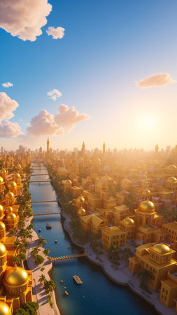 A Beautiful View Of A City With A River And A Bridge AI Generativeの素材
