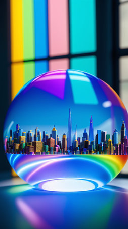 A Creative Image Of A City In A Bubble With A Rainbow Background AI Generativeの素材