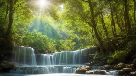 An Expressive Image Of A Waterfall In A Forest With Sun Shining Through The Trees AI Generativeの素材