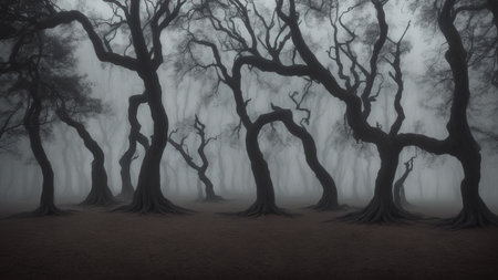 A Dark Forest With Trees In The Fogの素材