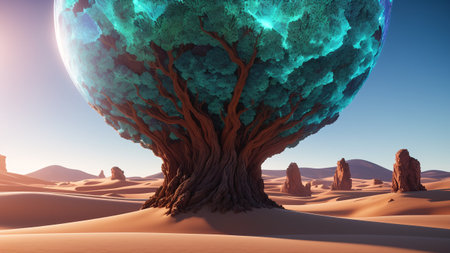A Colorful Tree In A Desert With A Blue Sky And A Sun AI Generativeの素材