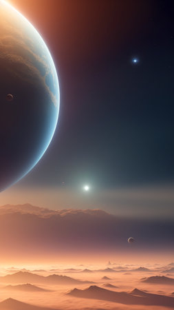 A Daring View Of A Planet With A Distant Horizon And A Distant Moon AI Generativeの素材