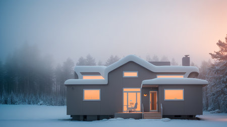 A Captivating Image Of A House In The Snow With A Light On AI Generativeの素材