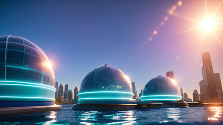 A Daring View Of A City With A Pool And A Fountain AI Generativeの素材