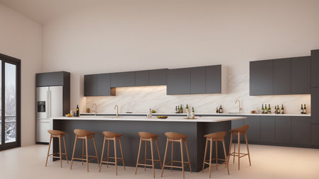 A Kitchen With A Bar And Stoolsの素材