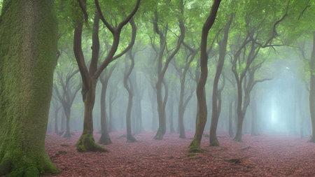 A Forest With Trees And Leaves In The Fogの素材