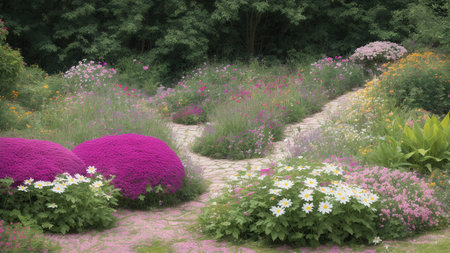 A Garden With Flowers And Plants In The Middleの素材