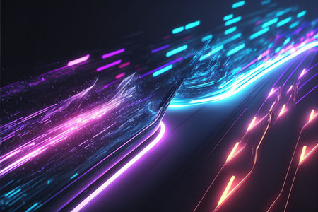 Glowing colorful of neon light or laser moving high speed data network technology. Generative AIの素材