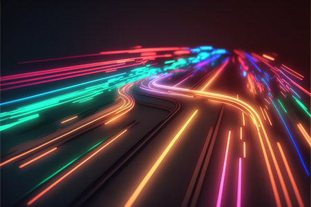 Glowing colorful of neon light or laser moving high speed data network technology. Generative AIの素材