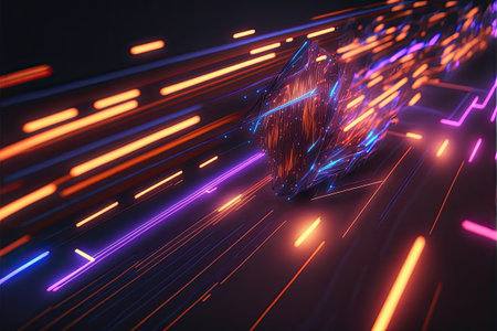 Glowing colorful of neon light or laser moving high speed data network technology. Generative AIの素材