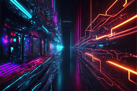 Glowing colorful of neon light or laser moving high speed data network technology. Generative AIの素材