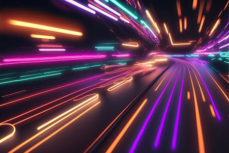 Glowing colorful of neon light or laser moving high speed data network technology. Generative AIの素材