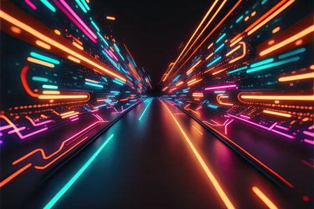 Glowing colorful of neon light or laser moving high speed data network technology. Generative AIの素材