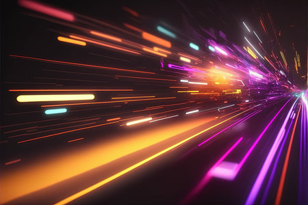 Glowing colorful of neon light or laser moving high speed data network technology. Generative AIの素材