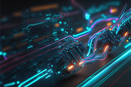 Glowing colorful of neon light or laser moving high speed data network technology. Generative AIの素材