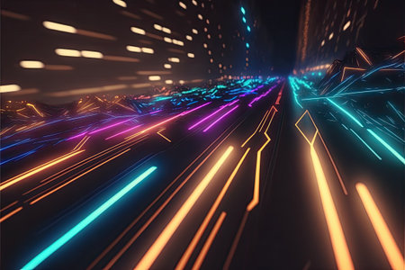 Glowing colorful of neon light or laser moving high speed data network technology. Generative AIの素材