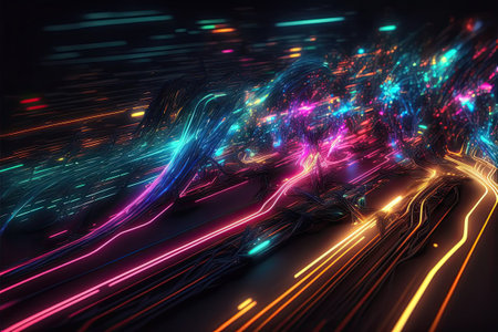 Glowing colorful of neon light or laser moving high speed data network technology. Generative AIの素材
