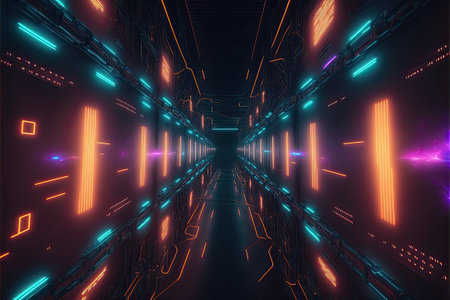 Glowing colorful of neon light or laser moving high speed data network technology. Generative AIの素材