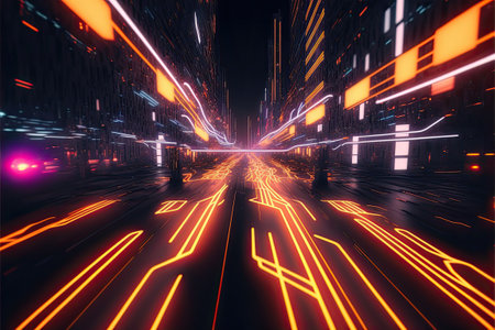 Glowing colorful of neon light or laser moving high speed data network technology. Generative AIの素材