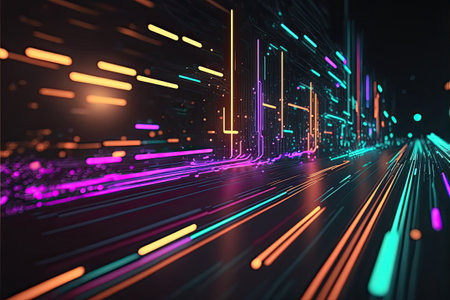 Glowing colorful of neon light or laser moving high speed data network technology. Generative AIの素材
