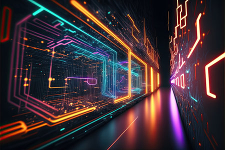 Glowing colorful of neon light or laser moving high speed data network technology. Generative AIの素材