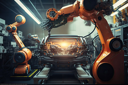 High-tech robot effortlessly assembling a car in a futuristic factory setting. Generative AIの素材