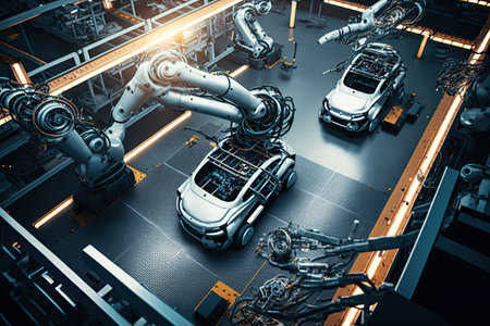 High-tech robot effortlessly assembling a car in a futuristic factory setting. Generative AIの素材