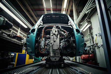 High-tech robot effortlessly assembling a car in a futuristic factory setting. Generative AIの素材