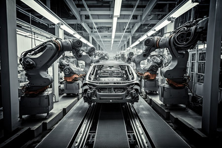 High-tech robot effortlessly assembling a car in a futuristic factory setting. Generative AIの素材