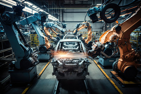 High-tech robot effortlessly assembling a car in a futuristic factory setting. Generative AIの素材