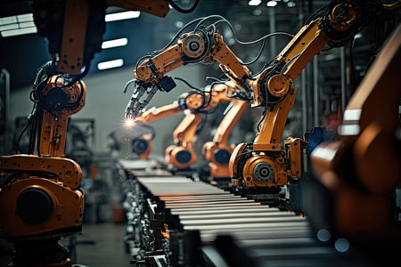 High-tech robot effortlessly assembling a car in a futuristic factory setting. Generative AIの素材